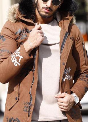 Парка куртка мужская длинная зимняя с мехом коричневая турция / чоловіча довга зимова з хутром2 фото