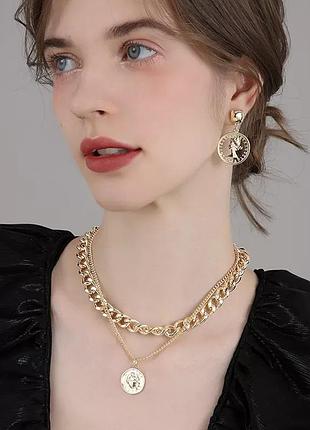 Подвійна ланцюг чокер з медальйоном тренд ланцюжок кольє намисто