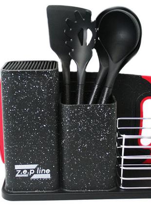 Набор кухонных принадлежностей и ножей с подставкой 14 предметов zepline zp 0455 фото
