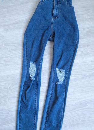 Синие джинсы скинни с равными коленями на высокой посадке2 фото