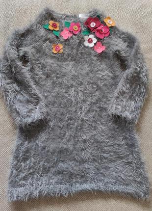 Вязаное теплое платье туника на девочку2 3 года с цветочками  рост 98 nula bug