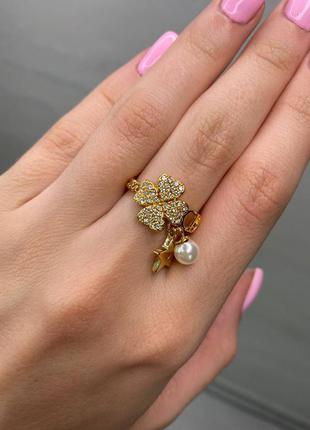 Кольцо женское лист клевер камни фианиты жемчуг звёздочка брендовое
