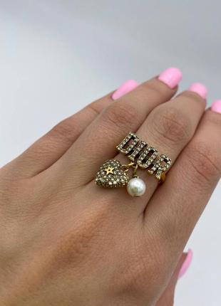 Кольцо женское камни фианиты сердце жемчуг брендовое1 фото