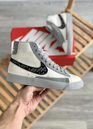 Женские кожаные бело-серые высокие кроссовки nike blazer 77 mid & dior🆕найк блейзер1 фото