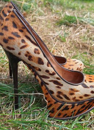 Кожаные женские туфли на шпильке платформе мех пони леопард basconi 36 eu