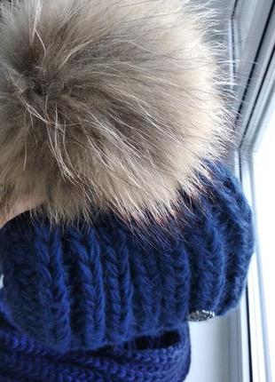 Терміново!зимовий комплект об'ємна в'язка шапка з натуральним хутром і снуд хомут5 фото