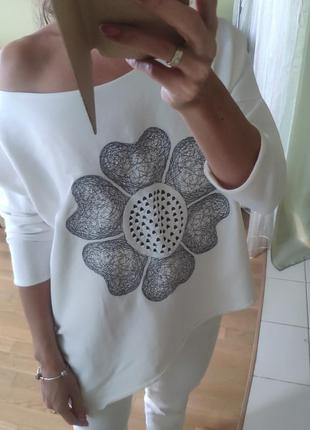 Ассиметричная оверсайз туника блуза топ свитшот кофта трикотажная цветок1 фото