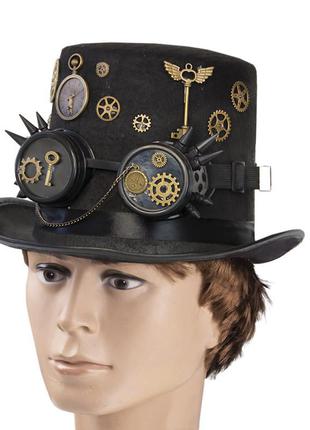 Шляпа цилиндр стимпанк с очками голлингами с шипами + подарок3 фото