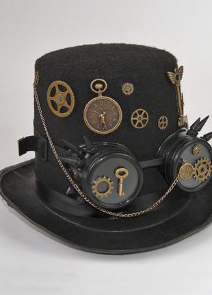 Шляпа цилиндр стимпанк с очками голлингами с шипами + подарок2 фото