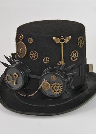 Шляпа цилиндр стимпанк с очками голлингами с шипами + подарок4 фото