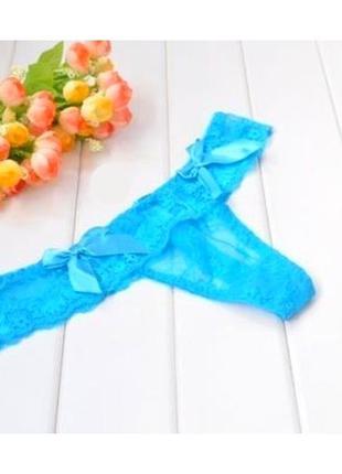 Чудові яскраві бірюзові блакитні трусики стрінги з двома бантиками з боків "креатив" 12936