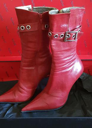 Красные кожаные сапоги сапожки на шпильке stefani 39 р италия