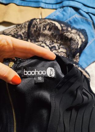 Boohoo платье чёрное на бежевой подкладке кружевное гипюровое по фигуре карандаш футляр9 фото