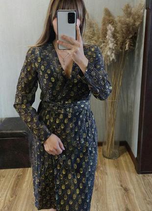 Шовкова сукня тваринний принт в горох на запах з поясом довжини міді від massimo dutti7 фото