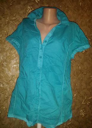Натуральная бирюзовая голубая легкая блуза рубашка на пуговицах короткий рукав cecil