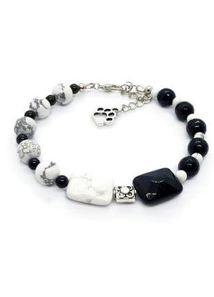 🖤🐩 монохромний оригінальний браслет натуральний камінь агат та кахолонг