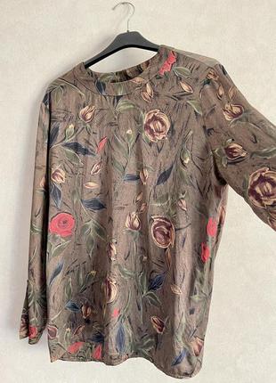 Шелковая блуза топ винтаж коричневый с цветами свободный шёлк