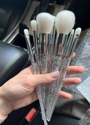 Набір кистей для макіяжу сріблястий срібний зі стразиками блискучий комплект пензликів