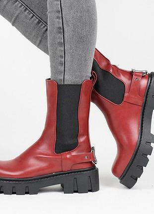 Стильные бордовые осенние деми ботинки на тракторной подошве резинке челси модные сапоги