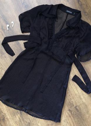 Платье двойка из черной шифоновой сетки в горошек2 фото