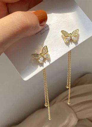 Серьги висячие бабочки в кристаллах с цепочками длинные сережки с бабочками3 фото