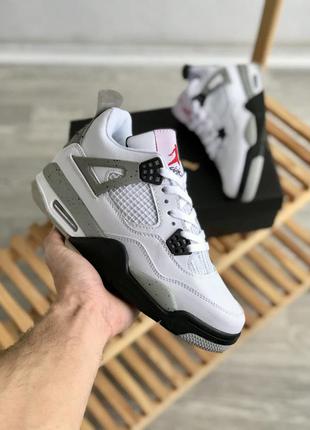 Чоловічі білі з сірими шкіряні кросівки nike jordan 4 на осінь🆕найк аїр джордан