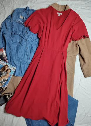 H&m платье с вырезом красное миди свободная юбка рукава с тиснением4 фото