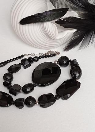Намисто натуральний чорний агат, фурнітура срібло 925