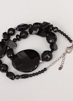 Ожерелье натуральный черный агат, фурнитура серебро 9254 фото