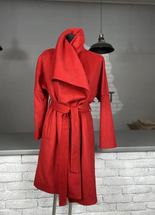 Шерстяне пальто на запах пальто червоне пальто з ременем шерстяное пальто на запах красное пальто с ремнём1 фото