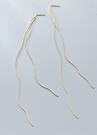 Серьги длинные серебряные 16 см из двух цепочек жгутов, протяжки ниточки позолота 18к2 фото