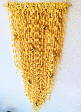 Макраме бохо декор на стіну із золотавими дзвониками 18*71 см2 фото