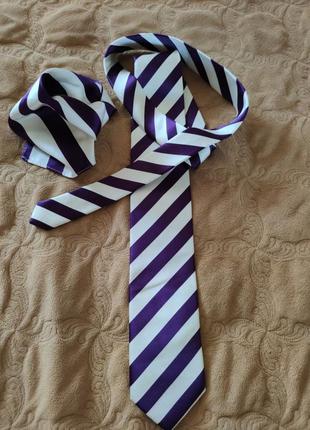 Галстук фиолетовый с белым полоска плюс платок