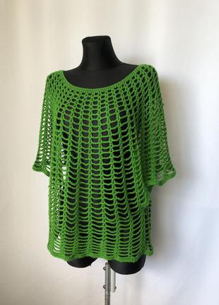 Зеленая ажурная туника вязаная крючком накидка яркая салатовая летняя сетка сеточка