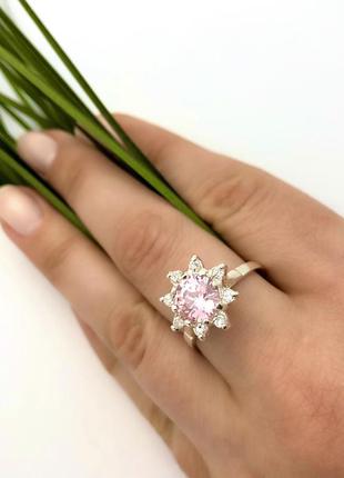 Серебряное кольцо с розовым цирконом3 фото