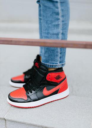 Nike jordan retro 1 high black red, женские кроссовки найк джордан