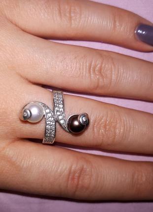 Шикарное кольцо серебро 925 натуральный черный и белый жемчуг2 фото