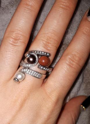 Шикарное кольцо серебро 925 натуральный черный и белый жемчуг4 фото