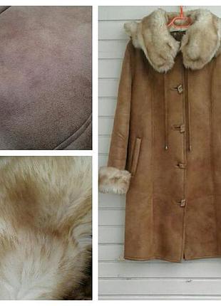 Рыжая теплая дубленка с капюшоном размер m-l