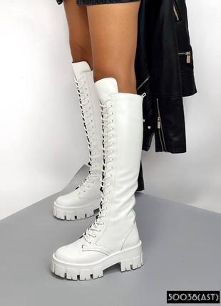 Белые кожаные высокие ботинки сапоги берцы на шнуровке демисезонные3 фото