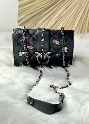 Pinko icon black женская брендовая черная сумочка с пинами и ремешком трендова жіноча модна чорна сумка рок2 фото