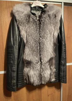 Натуральная кожаная парка куртка - жилетка с мехом чернобурки1 фото
