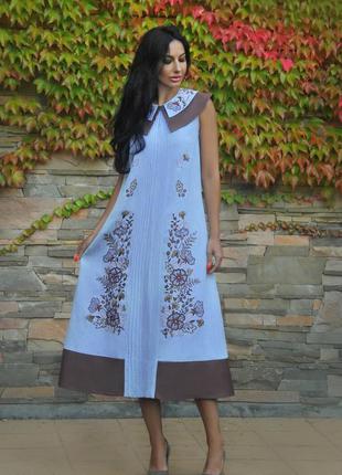 Льняна сукня з ручною вишивкою "лілові лютики"