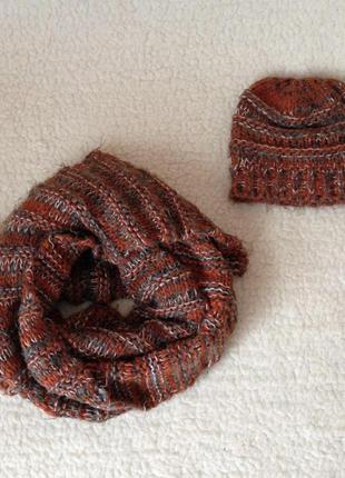 Теплый вязанный комплект: шапка и длинный большой шарф