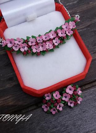 Сережки і кулон з рожевими квітами, набір сережки та кулон рожеві квіти