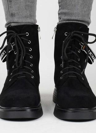 Стильні чорні замшеві осінні демі черевики низький хід на шнурівці модні2 фото