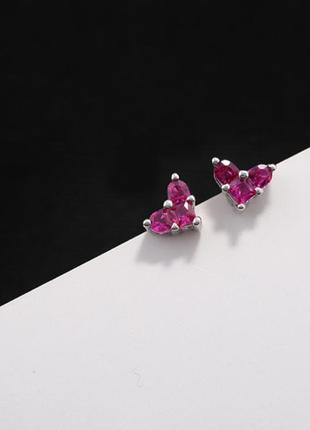 Сережки рожеві сердечка з фіанітів, маленькі сережки, срібне покриття 925 проби2 фото