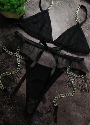 Шикарний сексуальний комплект білизни з сітки з ланцюгами 🖤1 фото