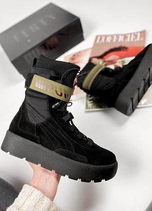 Жіночі замшеві чорні стильні черевики fenty x puma FTR scuba boot black модні жіночі замшеві чорні ботінки