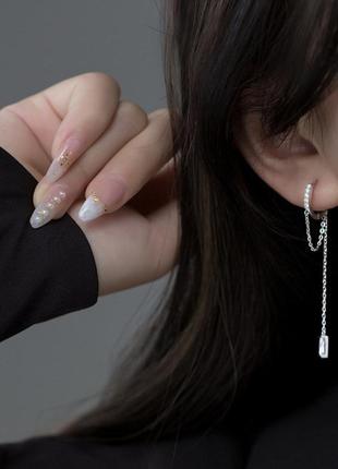 Серьги кольца серебряные с цепочкой и кисточкой бриллиант, серебро 925 пробы3 фото
